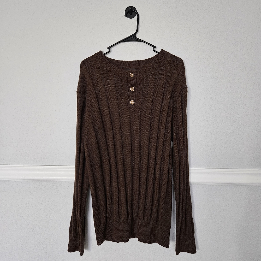 SHEIN Long Sleeve 1/4 Button Crewneck Ribbed Sweater Brown L NWOT